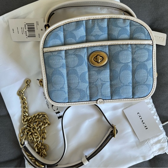 Coach Handbags - Coach Light Blue Quilted Denim Camera Crossbody with Gold Hardware